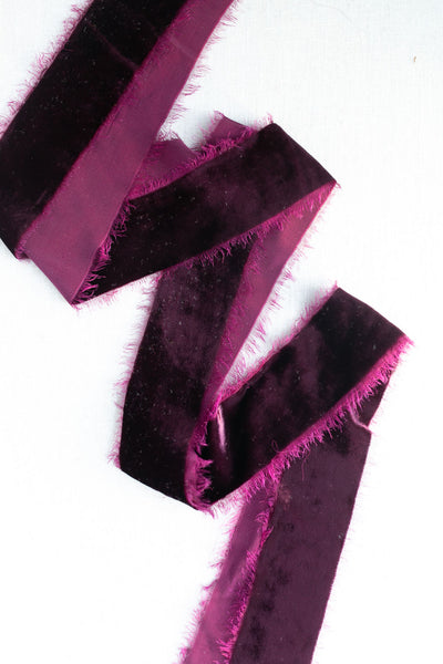 Deep Wine Hand-dyed Frayed Edge Silk Velvet Ribbon 1-3/8 2 