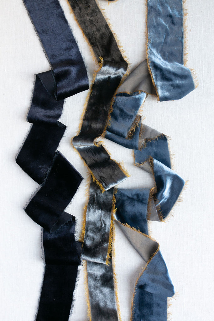 Midnight Blue Silk Velvet Ribbon, Dusty Blue Silk Velvet Ribbon